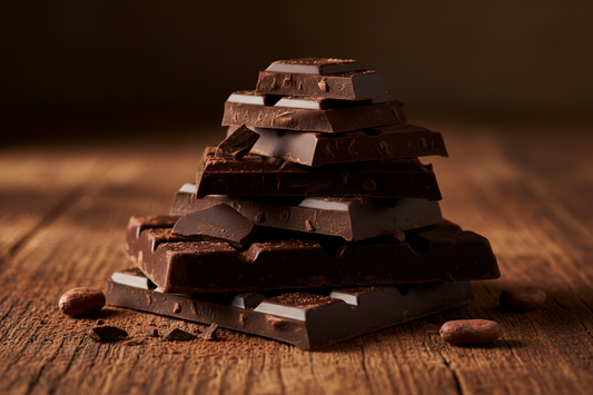 Dark chocolate chunks on a wooden table